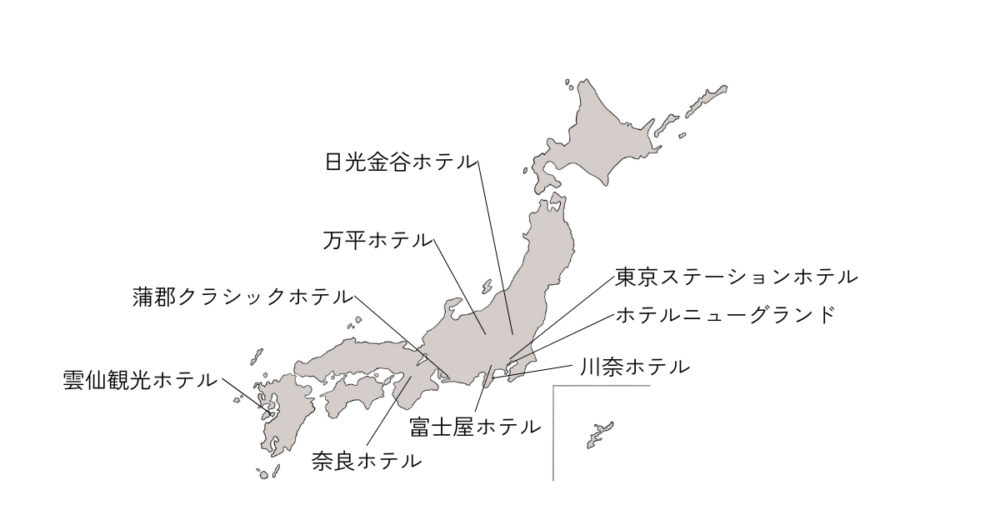 日本クラシックホテルの会加盟ホテルの場所を記した日本地図